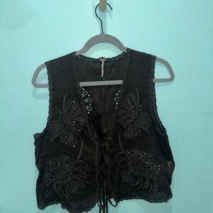 Free People Dark Brown Eyelet Tie Vest